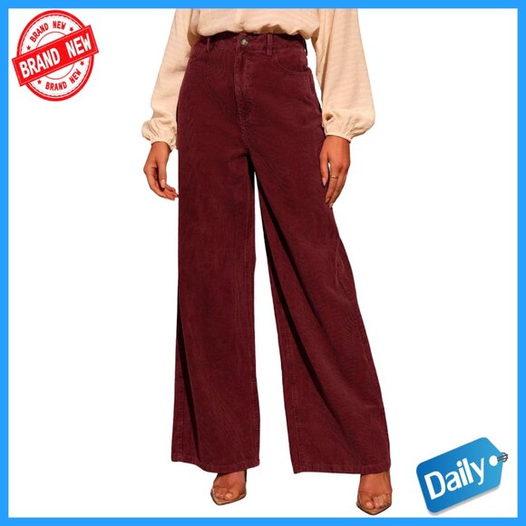 Pants - Women's Corduroy Wide Leg Pants High Waisted Elastic Waist Casual Trousers
